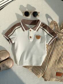 SHEIN Baby Boy Cute Bear Print Short Sleeve Polo Shirt,White Summer Toddler Top Clothes,Vintage Brown Baby Collar Shirt,Back-To-School,Carrer Day,Cute - Khaki - View 7