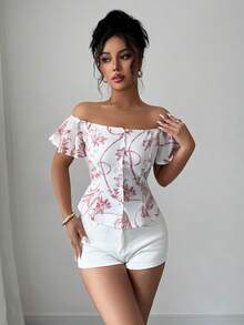 Elenzga 女士夏季度假风印花露肩荷叶边衬衫 - 粉色 - 查看 4