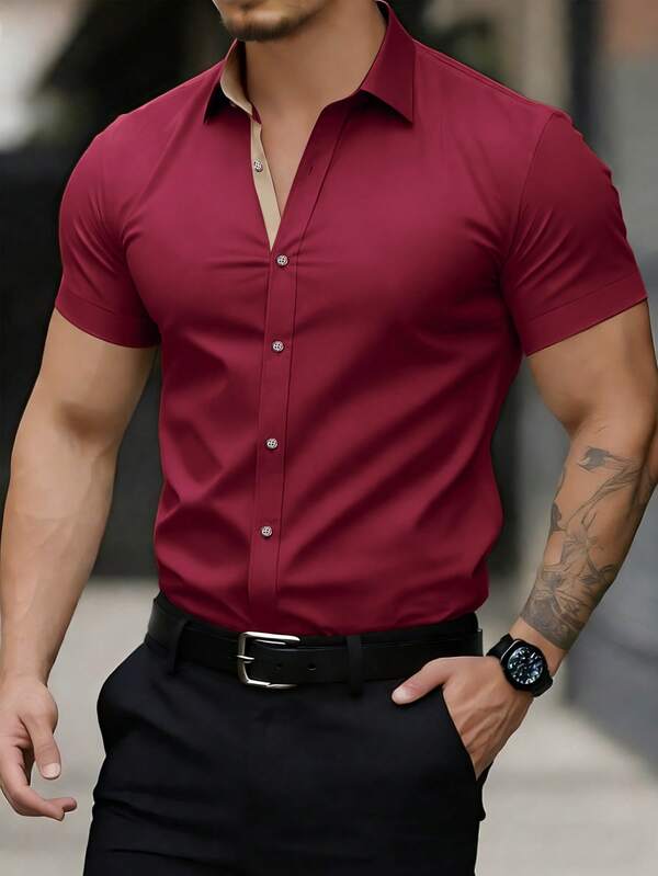 Manfinity Mode قميص كاجوال بأكمام قصيرة وأزرار أمامية للرجال