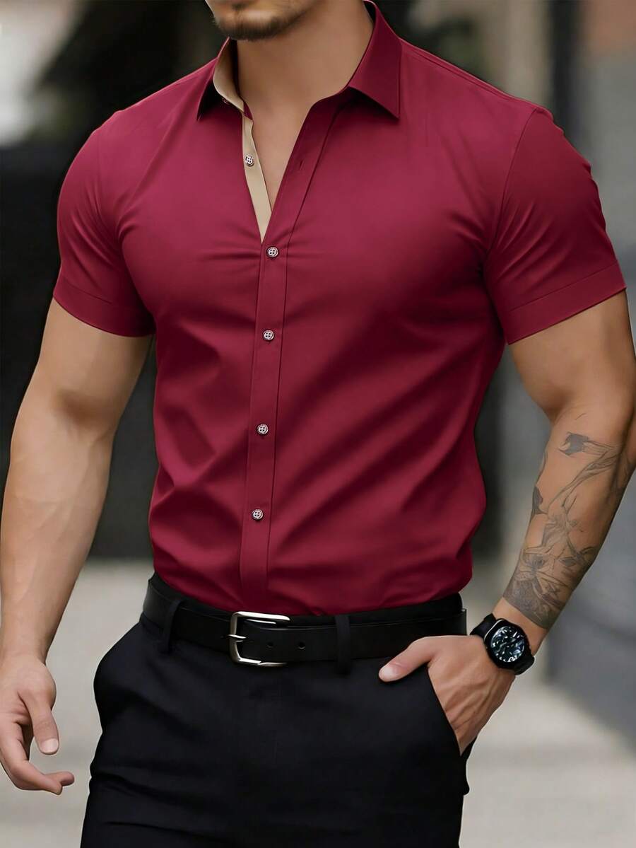 Manfinity Mode 男士短袖单排扣休闲衬衫 - 酒紅色 - 查看 1