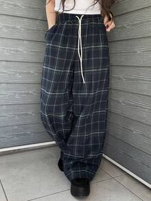FRIFUL Women's Plaid Brushed Wide Leg Casual Pants - Blue - View 7