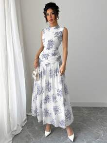 Modelyn 女士优雅印花褶皱腰部无袖休闲连衣裙 - 淺灰紫 - 查看 4