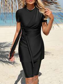 Swim Mulvari Bộ đồ bơi nữ mùa hè mới, cổ tròn, tay ngắn, thắt eo bên hông, xẻ tà, kèm quần short, màu đen, kiểu dáng thường ngày, thích hợp cho kỳ nghỉ hoặc đi biển. - màu đen - Xem 7