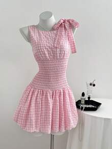 Elamini Women's Pink Plaid Bow Tie Waist Ruffle Hem Dress, Suitable For Dates, Picnics, Vacations, Versatile - Pink - View 3