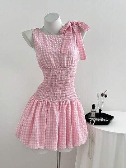 Elamini Women's Pink Plaid Bow Tie Waist Ruffle Hem Dress, Suitable For Dates, Picnics, Vacations, Versatile