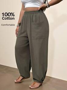 Freevana Plus Size Vacation Style Casual Jogger Pants With Pockets - Army Green - View 1