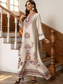 INAWLY Robe décontractée à manches longues, col rond, coupe ample, imprimé floral pour femmes - Nude - Voir 3