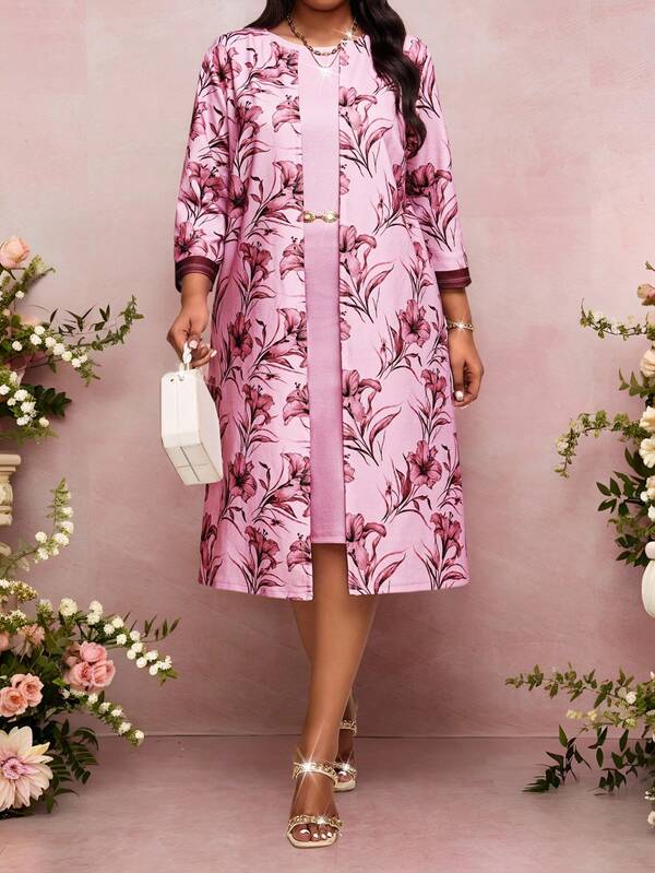 Fleurora Spring And Summer Elegant Commuting Office Work Colorful Knitted Bodycon Dress Midi Three Quarter Length Sleeve Plus Size Co-Ords Women's Summer Set Summer Outfits Summer Clothes Summer Holiday Outfits Spring Outfit Women Spring Break Outfits Spring Clothing Holiday Outfits For Women Casual Sets For Women  Casual Women Outfits Plus Size Elegant Commuter Floral Print Jacket & Dress 2 Pieces Set