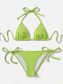 SHEIN Swim 2件套纯色挂脖扭结前比基尼泳衣 - 綠色 - 查看 4
