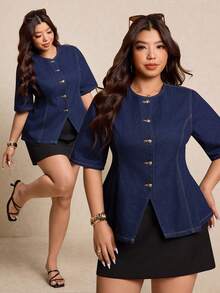 Elaquor 大码女式短袖单排扣休闲宽松牛仔衬衫 - 深色水洗藍 - 查看 2