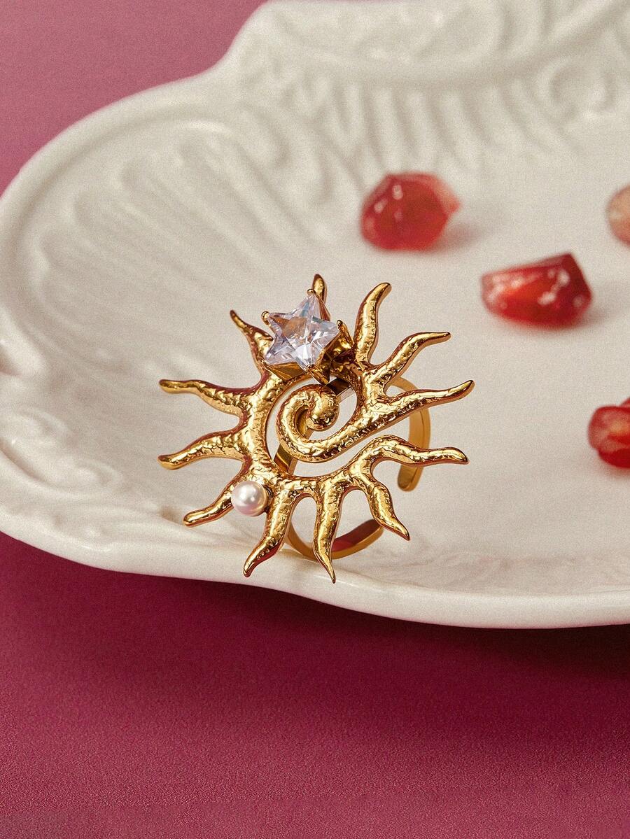 Glisma 18K Gold-Plated 1pc Cute Luxury Pearl/Mother Of Pearl, Textured, Metallic, Geometric, Rhinestone Embellished Open Ring, Suitable For Party, Casual, Concert/Festival, Night Club, Wedding, Holiday, Vacation, Camping - Multicolor - View 1