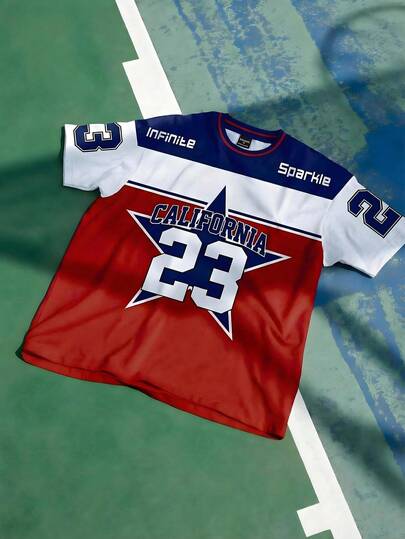 Aesthetic Post 男士夏季休闲撞色拼布数字印花T恤