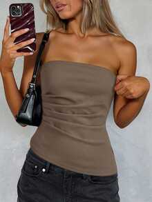 SHEIN Essnce 女士优雅纯色不对称下摆抹胸上衣，夏季 - 摩卡棕 - 查看 5