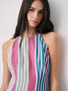 Nöista 粉色、綠色和藍色條紋修身洋裝，下襬飾有流蘇細節 - 紫色 - 查看 3