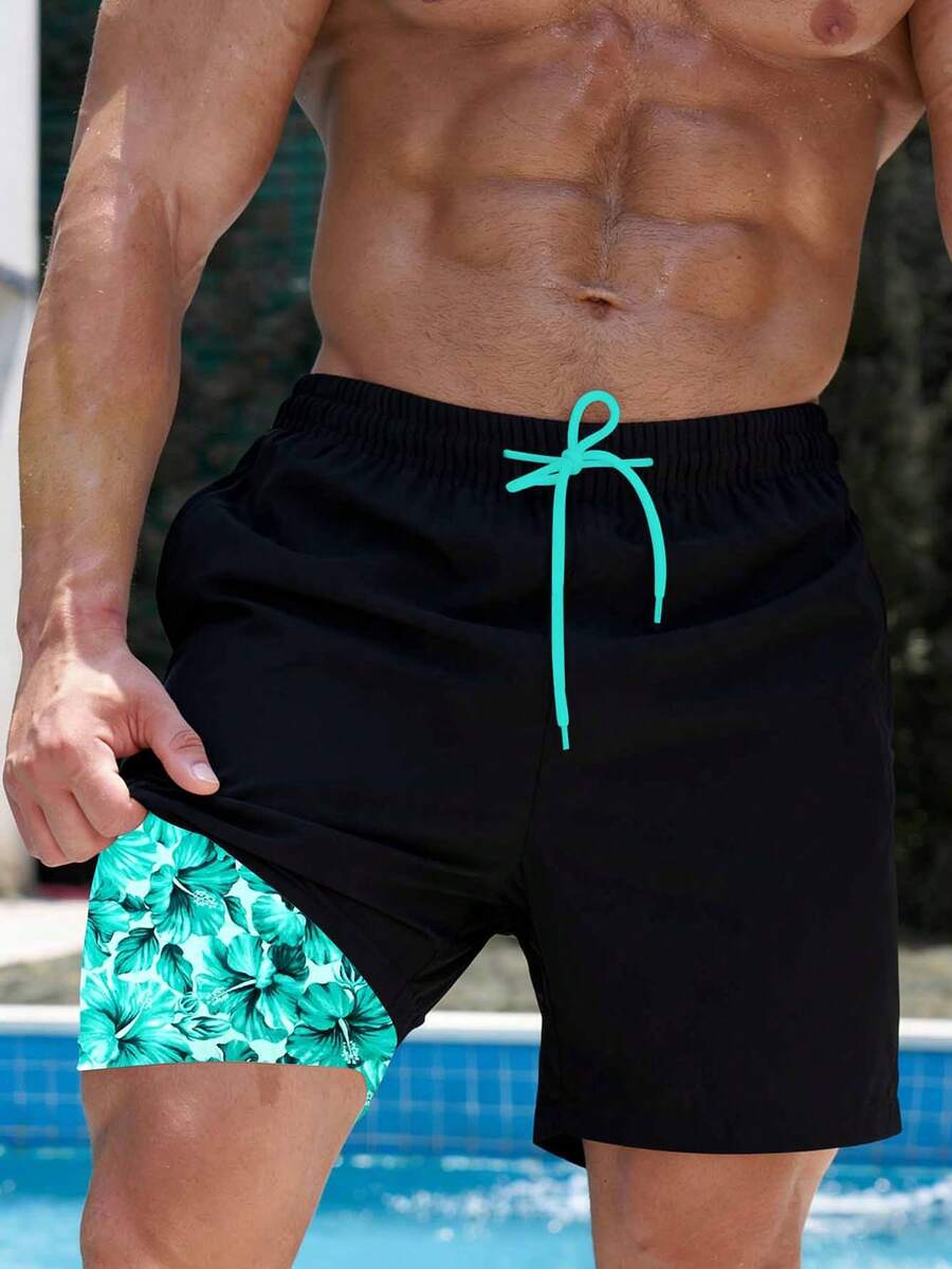 Manfinity VDAYZ Men's Casual Double Layer Beach Shorts - Black - View 1