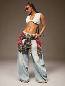 Denimoi Women's Casual Washed Low-Waist Flared Leg Jeans - Blue - View 5