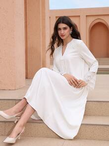 Graceveil Áo choàng trắng họa tiết hoa 3D thanh lịch, dáng rộng, tay bồng, có bèo nhún dành cho nữ - trắng - Xem 6