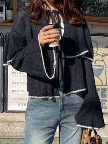 FRIFUL 女士撞色系带荷叶边宽松休闲百搭春季开衫 - 寶藍色 - 查看 5