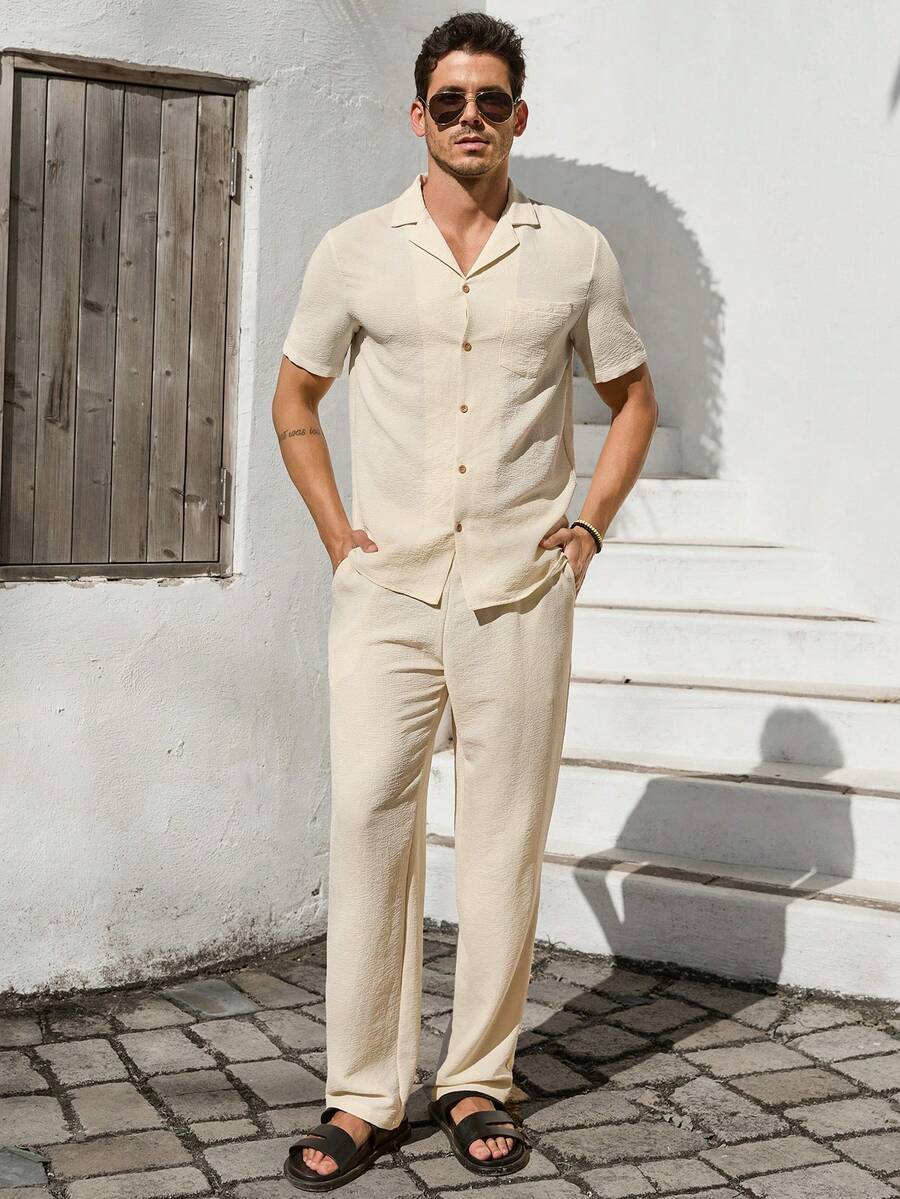 VIVINTIMO 2pcs Men's Solid Color Pocket Front Button Short Sleeve Shirt And Drawstring Long Pants Casual Set, Cozy Outfits - Beige - View 1