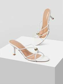 Mnmlis Sandales à talons élégantes avec accent de boule dorée pour soirée, mariage, talon aiguille, mule à bride croisée, sandales d'été et de printemps pour robe de Noël - Blanc - Voir 6