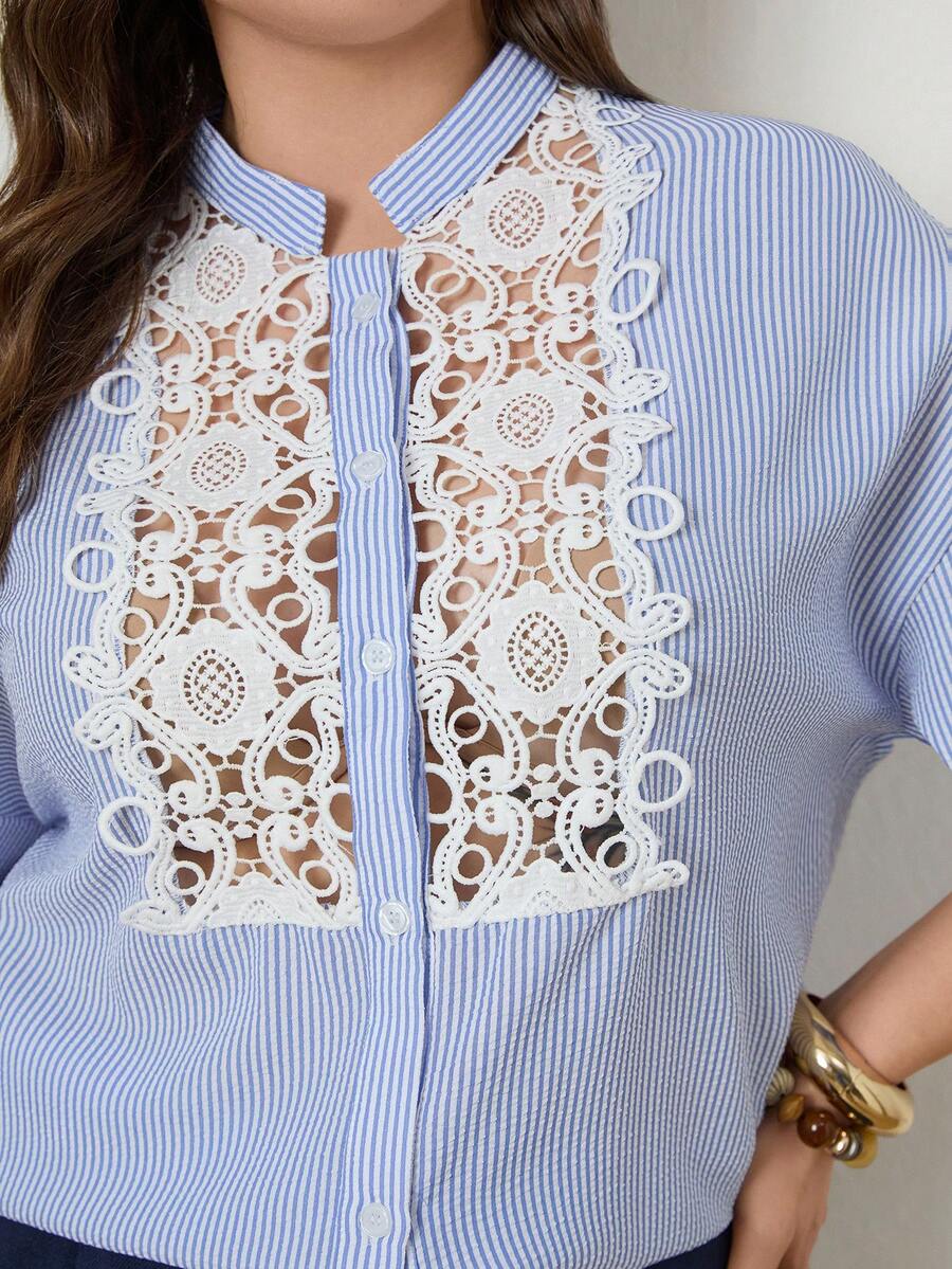 Zelara Plus Size Fabric Lace Hollow Out Sleeve Blouse Blouses For Women Casual Elegant Preppystyle French Style Blouse - Blue and White - View 1