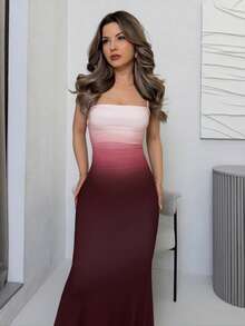 Jemour Women's Elegant Ombre Allover Print Backless Tie Neck Dress, Suitable For Vacation, Party, Evening, Date, Chic Fall, Burgundy Dress, Fall Dresses For Women - Burgundy - View 6