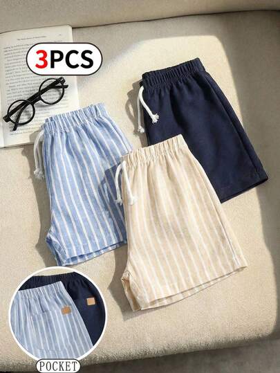 SHEIN Playful Pals 3pcs/Set Infant & Toddler Boys' Casual Khaki Striped Shorts Set, Summer, Black & White Stripe, Solid Color Shorts, Summer Essentials For Daily Wear, Vacation & Outings, Baby Clothes Gender Neutral Baby Boys Outfit,Baby Summer Shorts Baby Boy Shorts Pack 3 Piece Baby Boy Shorts Toddler Striped  Shorts Boys Checkered Shorts Baby Boy Striped Shorts Toddler Striped Shorts Baby Boy Plain Shorts