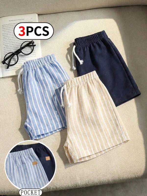 3pcs/Set Infant & Toddler Boys' Casual Khaki Striped Shorts Set, Summer, Black & White Stripe, Solid Color Shorts, Summer Essentials For Daily Wear, Vacation & Outings, Baby Clothes Gender Neutral Baby Boys Outfit,Baby Summer Shorts Baby Boy Shorts Pack 3 Piece Baby Boy Shorts Toddler Striped  Shorts Boys Checkered Shorts Baby Boy Striped Shorts Toddler Striped Shorts Baby Boy Plain Shorts