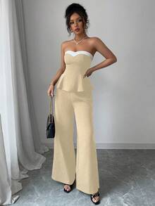 Elenzga Women's Elegant 2 Pieces Set: Ruffle Hem Bandeau Top And Wide Leg Pants - Light Yellow - View 3