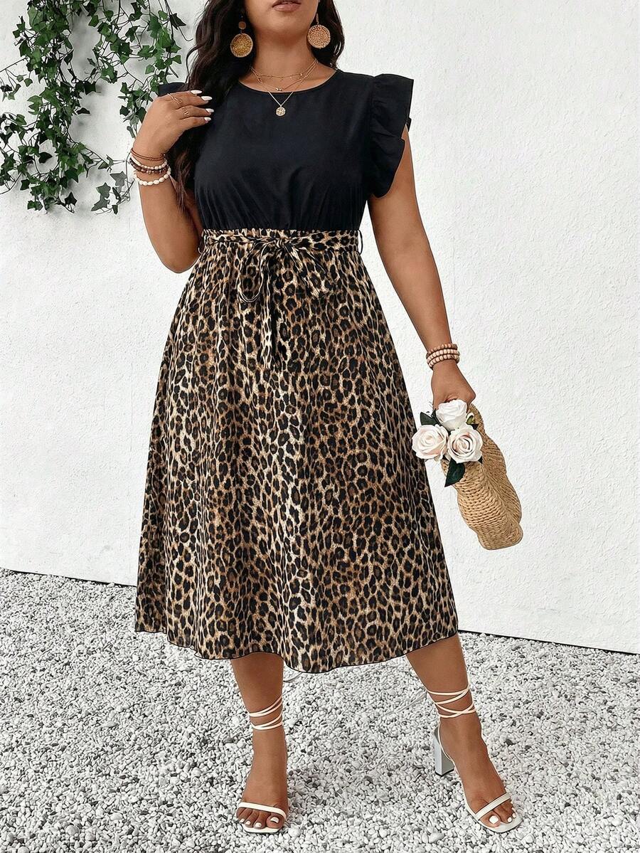 SHEIN Frenchy Đầm tay ngắn họa tiết da báo phối màu, dáng rộng, cỡ lớn, thích hợp cho mùa hè. - Nhiều màu - Xem 1