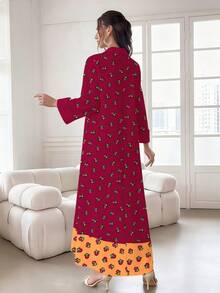 SHEIN Najma 女士花卉植物印花撞色V领长袖优雅阿拉伯风格长款连衣裙，适合春秋季穿着。 - 彩色 - 查看 2