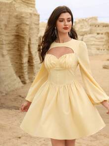 Modelyn Women's Yellow Woven Long Sleeve Waist Cinched A-Line Elegant Dress, Spring/Summer - Yellow - View 4