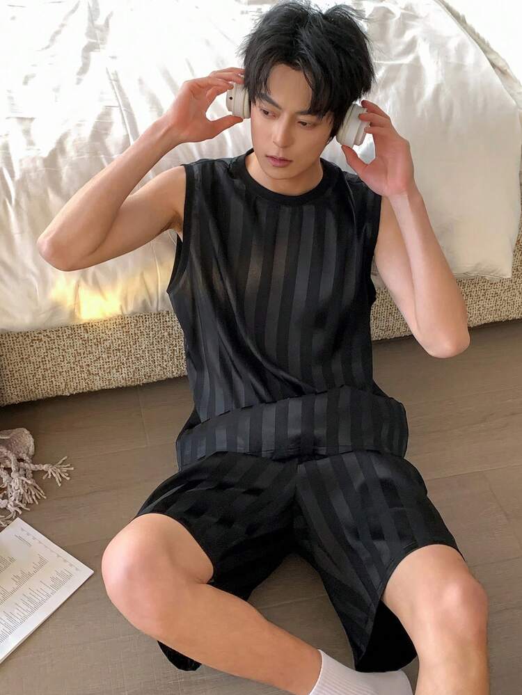 Summer Sleeveless Top And Shorts Casual Pajama Set For Men, Twill Fabric