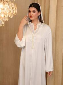 Al Najma 优雅奢华二合一立领连帽泡泡珍珠喇叭袖连衣裙，春夏款 - 白色 - 查看 8