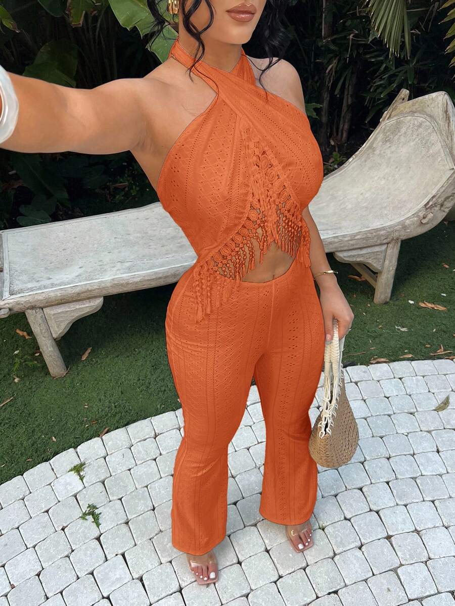 SHEIN SXY 纯色露背流苏镂空刺绣连体裤 - 橘色 - 查看 1