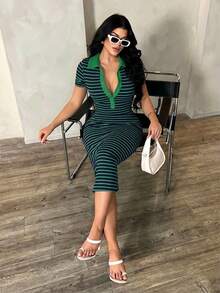 SHEIN SXY Đầm polo tay ngắn kẻ sọc đen trắng phong cách tối giản thường ngày dành cho nữ, đầm dệt kim co giãn ôm sát dài đến đầu gối, đầm thanh lịch kiểu Pháp. - màu xanh lá - Xem 5