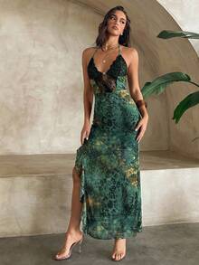 Aloruh Đầm dài xẻ tà xếp tầng, họa tiết bướm và lưới, phối ren, dành cho nữ, thích hợp cho kỳ nghỉ xuân/hè. - Nhiều màu - Xem 4