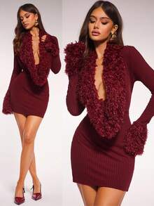 Radiana 女士性感优雅酒红色仿毛皮拼接针织紧身迷你连衣裙，长袖羽毛装饰连衣裙，深V领连衣裙，红色连衣裙，派对连衣裙，约会连衣裙，适合夜晚、约会、聚会、派对、宴会、晚宴、鸡尾酒会、舞会、音乐会、生日、婚礼、俱乐部、假日、正式场合 - 酒紅色 - 查看 6