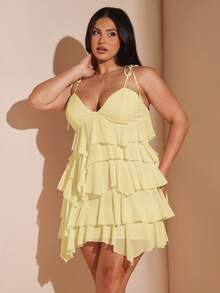 SHEIN BAE 大码夏季海滨度假纯色雪纺蛋糕吊带连衣裙，适合音乐节、婚礼伴娘等场合 - 黃色 - 查看 5