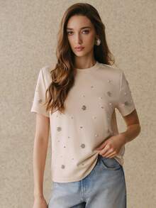 Anewsta Women's Apricot Elegant Loose Beaded Round Neck Short Sleeve T-Shirt, Spring/Summer Rhinestone Tops Embellished Top - Apricot - View 3