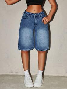 SHEIN ICON Quần short denim nữ kiểu dáng thường ngày, có túi và cúc. - Màu xanh lam - Xem 4