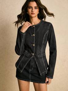 Siren Gaze Women's Round Neck Long Sleeve Fashion Front Button Denim Blouse - Black - View 4