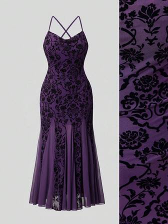 Damen Große Größen elegantes Hippie Vintage Flockenmesh Drapiertes Neckholder Kleid, Dunkelviolett