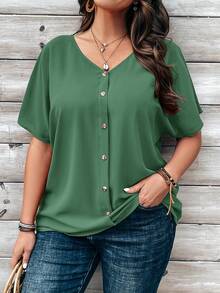 EMERY ROSE Plus Size Women's Orange Button Embellished Short Sleeve Shirt For Spring Plus Size Button Down Shirt Plus Size Summer Shirt Plus Size Casual Tops - Green - View 1