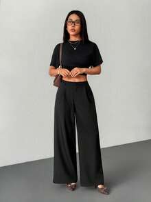 SHEIN PETITE 女士商务休闲裤 女士西式服装 女士阔腿裤 女士办公室服装 宽松裤 专业女士服装 办公室着装 灰色 - 黑色 - 查看 7