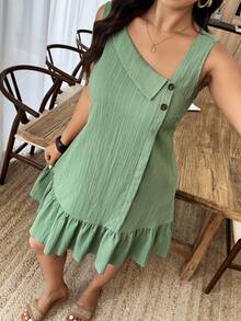 Weeklong Plus Size Women's Asymmetrical Collar Buttoned Textured Fabric Ruffle Hem A-Line Short Sleeveless Dress, Casual Summer Holiday - Green - View 3