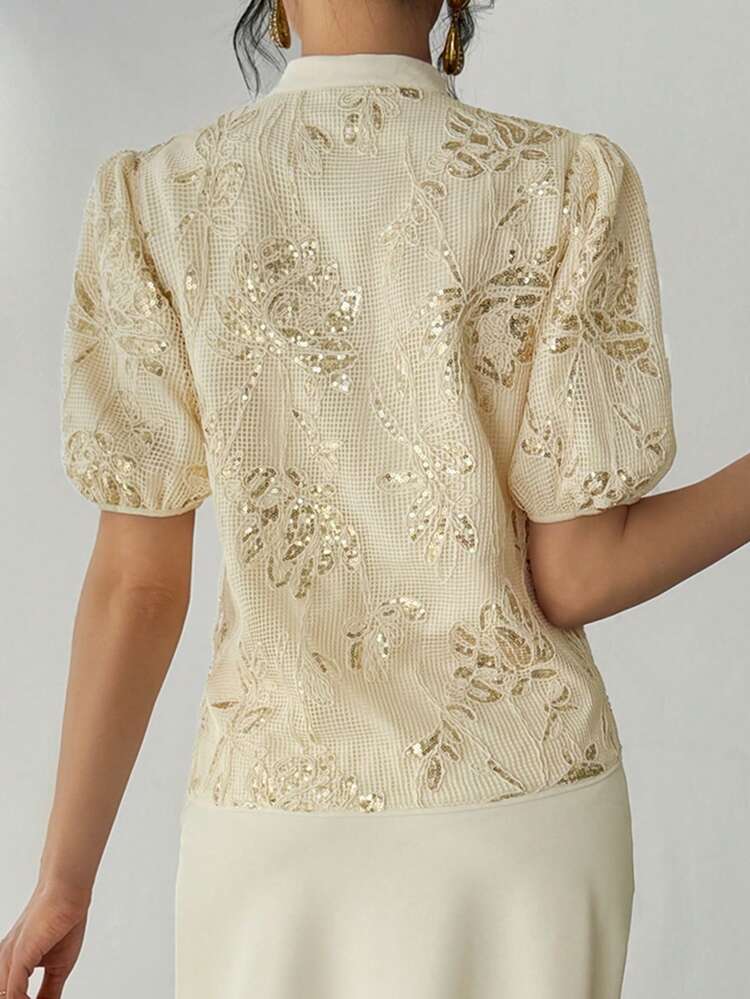 Women's Elegant Sequin Collar Puff Sleeve Blouse, Summer,Wedding Guest Dress Women