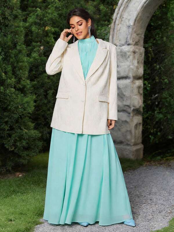 VOLUPTÉ CURVE Plus Size Summer White Blazer Lapel Long-Sleeve Jacket With Mint Green High-Waist Two-Piece For Formal Occasions, Parties, Graduation, Birthdays