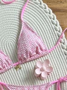 Swim Mod Women's Textured Halter Neck Bikini Set With Side Tie, Suitable For Beach & Seaside, Spring/Summer - Pink - View 4