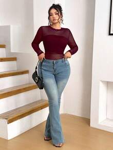 Elenzga Plus Size Classic Versatile Black Sexy Round Neck Long Sleeve Mesh T-Shirt - Burgundy - View 3